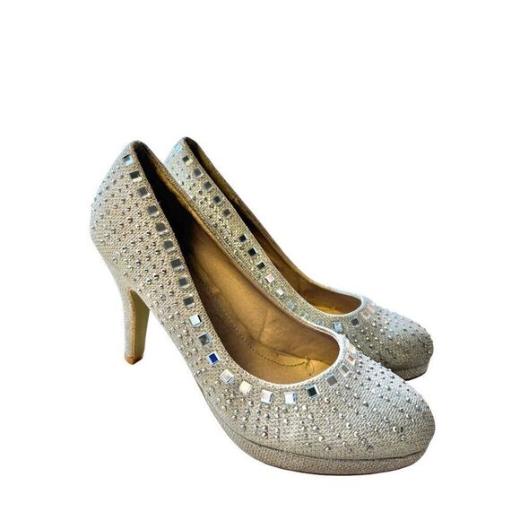 Elegant Silver Rhinestone High Heels Womens Size 6.5 midheel - Picture 7 of 10